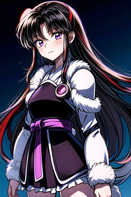 masterpiece, best quality 1girl Setsun4 solo long hair, (night time) forest background black hair very long hair purple eyes multicolored hair armor (fur trim) (medium body),<lora:EMS-179-EMS:0.800000>,<lora:EMS-293862-EMS:0.800000> bow, hair_bow, hair_tubes, red_bow, brown_hair, long_hair, bangs, ascot, frilled_bow, yellow_ascot, blush, smile, hair_between_eyes, athletic, armor, miko