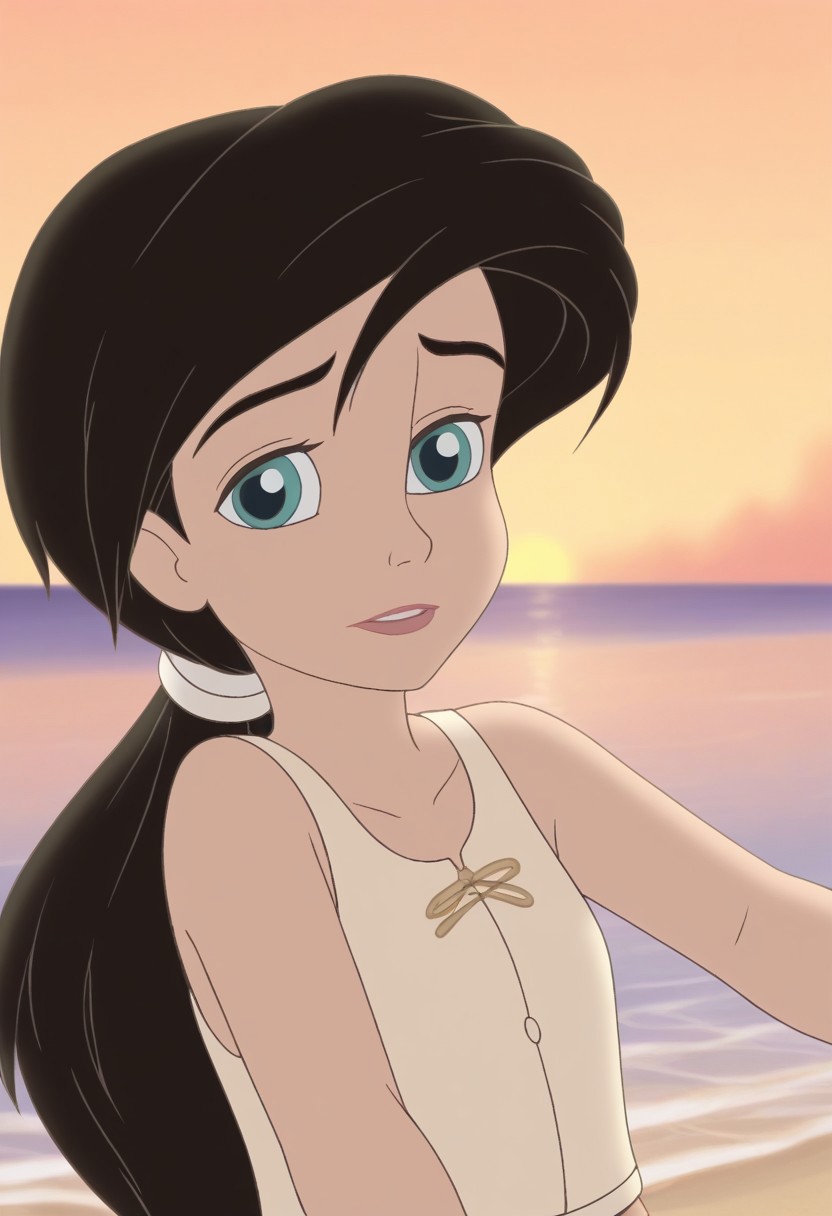 close up,melody,aqua eyes,thick eyebrowns,black hair,ponytail,white hairband,arms down,green undershirt,sleeveless,one sleeve,sea,yellow sunrise beach background