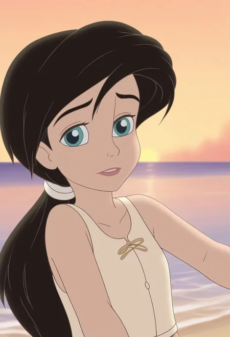 close up,melody,aqua eyes,thick eyebrowns,black hair,ponytail,white hairband,arms down,green undershirt,sleeveless,one sleeve,sea,yellow sunrise beach background