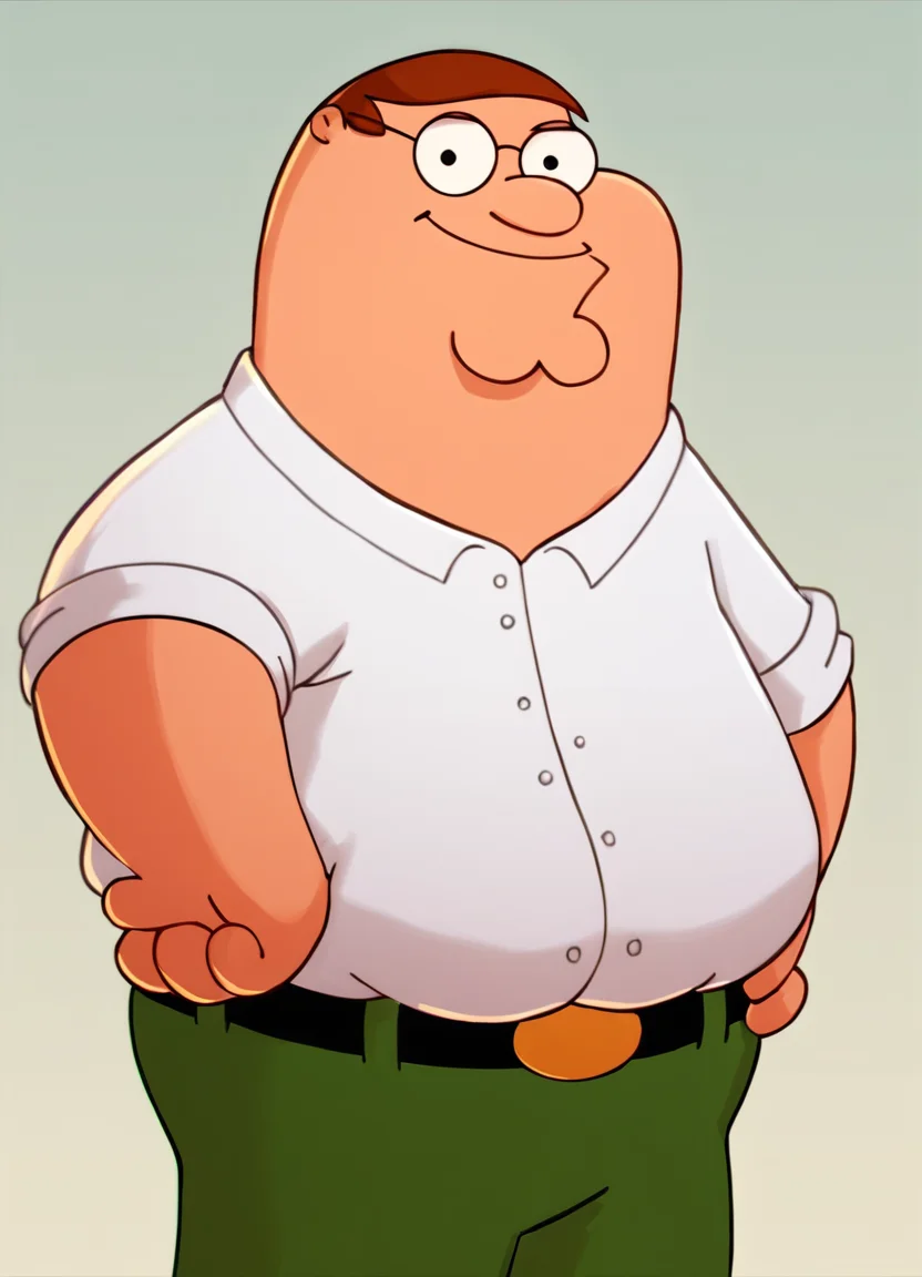 <lora:PeterGriffinPony1.0 (1):1>peter, glasses, fat, 1boy, white shirt, solo, brown hair, green pants, belt, smile, looking at viewer, hand on own hip, cowboy shot,, score_9, score_8_up, score_7_up, score_6_up, score_5_up, score_4_up