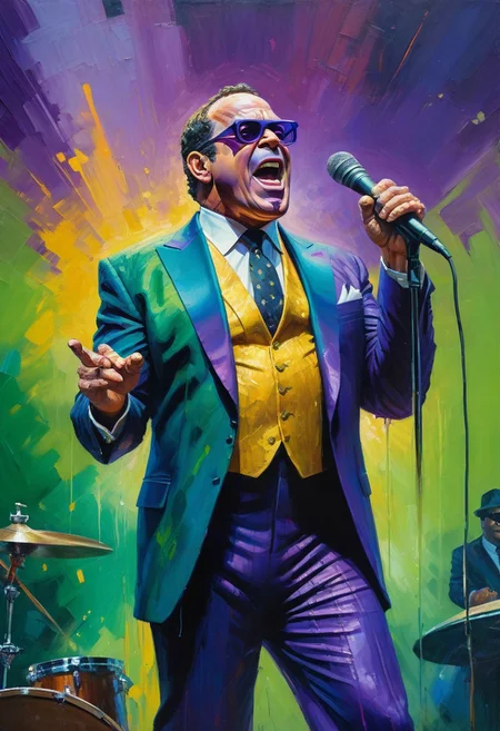 Live concert oil painting by James Gurney. Full body shot. Thanos singing with mic in hand, wearing a long sleeve purple blues brothers suit stage outfit with texture and grace. Vibrant stage lighting shining down, color gradient of greens and purples in the background. Splashes of golden highlights on him. Intricate brushstrokes capturing movement. warm color palette. Impasto texture, James Gurney style, lively atmosphere, realistic oil painting, 8k resolution, best quality, masterfully painted, marvel comics villian, intricately detailed, refined, defined, highly detailed, follow negative prompts,