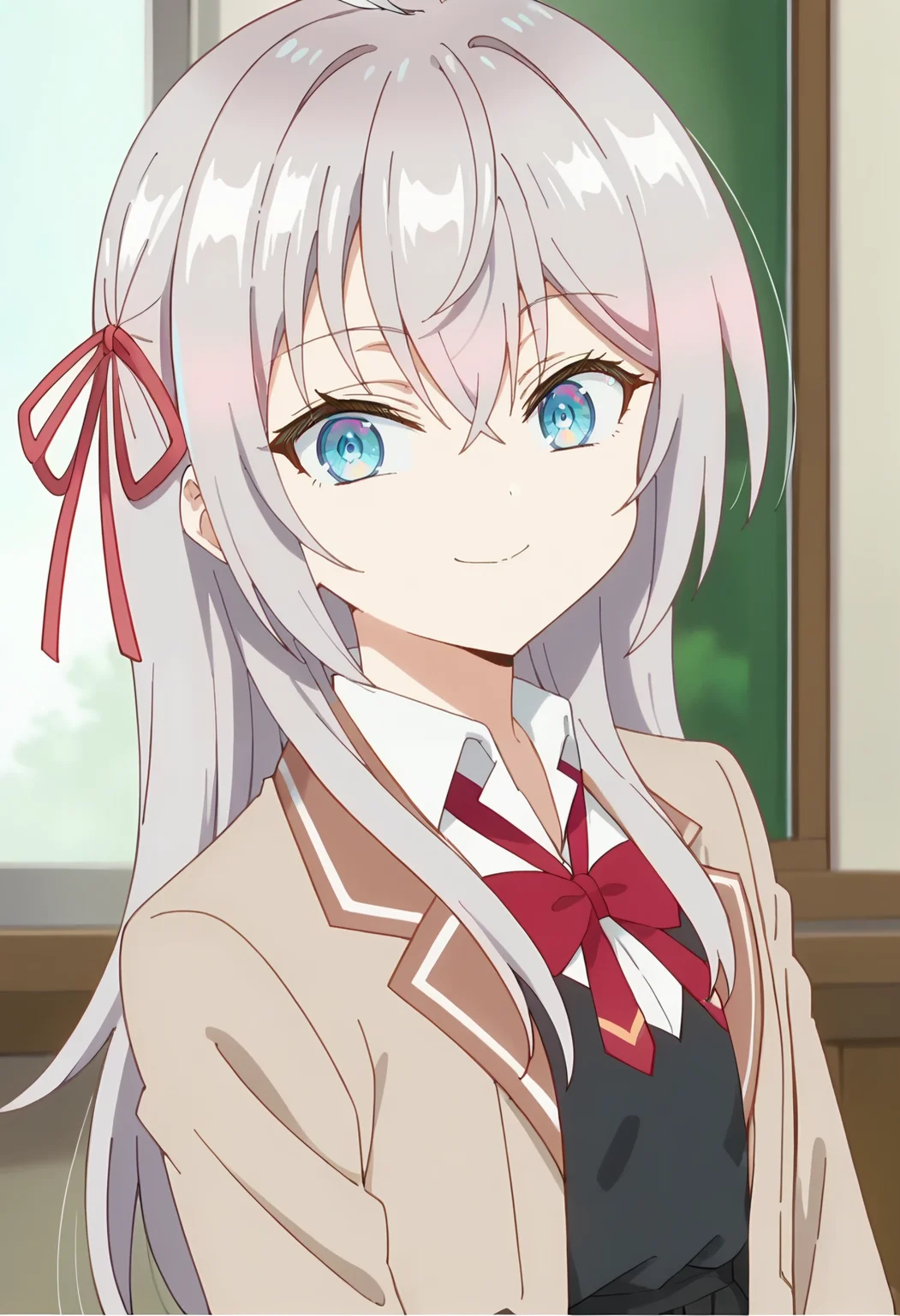 <lora:Alisa Mikhailovna-000013:0.9> alisa mikhailovna, long hair, 1girl, grey hair, solo, blue eyes, hair between eyes, hair ribbon, red ribbon, crossed bangs, ahoge, , white shirt, jacket, school uniform, brown jacket, collared shirt, black skirt, white thighhighs,bowtie, looking at viewer, upper body, smile, score_9, score_7_up,anime coloring ,source_anime, anime, anime screencap