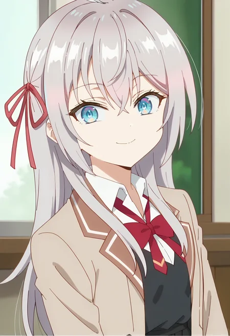 <lora:Alisa Mikhailovna-000013:0.9> alisa mikhailovna, long hair, 1girl, grey hair, solo, blue eyes, hair between eyes, hair ribbon, red ribbon, crossed bangs, ahoge, , white shirt, jacket, school uniform, brown jacket, collared shirt, black skirt, white thighhighs,bowtie, looking at viewer, upper body, smile, score_9, score_7_up,anime coloring ,source_anime, anime, anime screencap