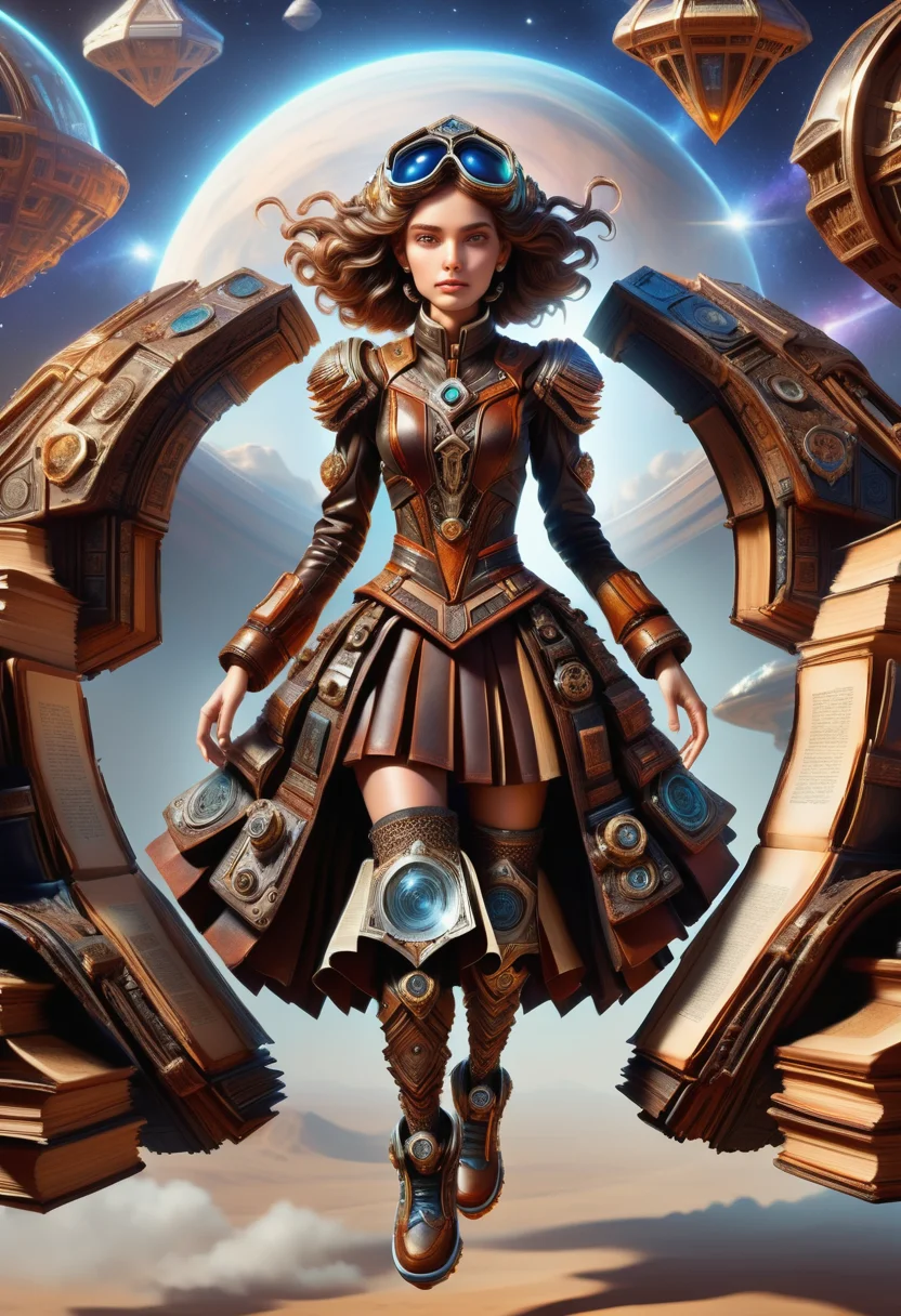 hyper detailed masterpiece, dynamic, awesome quality, DonMB00ksXL female pilot, hive mind- coordinated entities exhibiting synchronized movements and a shared visual connection, late twenties, sculpted, berber, brown eyes, diamond face shape with angular cheeks, toned arms, , auburn tousled waves hair, amusement,
performing gravity-defying flips or maneuvers with agility.,
wearing levitating asymmetric skirt, quantum-tech blouse, thermal-regulating socks, , asserting control over a fascinating and unfamiliar alien life form., leather,pages <lora:DonMB00ksXL-000008:1>