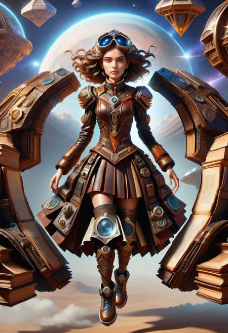 hyper detailed masterpiece, dynamic, awesome quality, DonMB00ksXL female pilot, hive mind- coordinated entities exhibiting synchronized movements and a shared visual connection, late twenties, sculpted, berber, brown eyes, diamond face shape with angular cheeks, toned arms, , auburn tousled waves hair, amusement,
performing gravity-defying flips or maneuvers with agility.,
wearing levitating asymmetric skirt, quantum-tech blouse, thermal-regulating socks, , asserting control over a fascinating and unfamiliar alien life form., leather,pages <lora:DonMB00ksXL-000008:1>