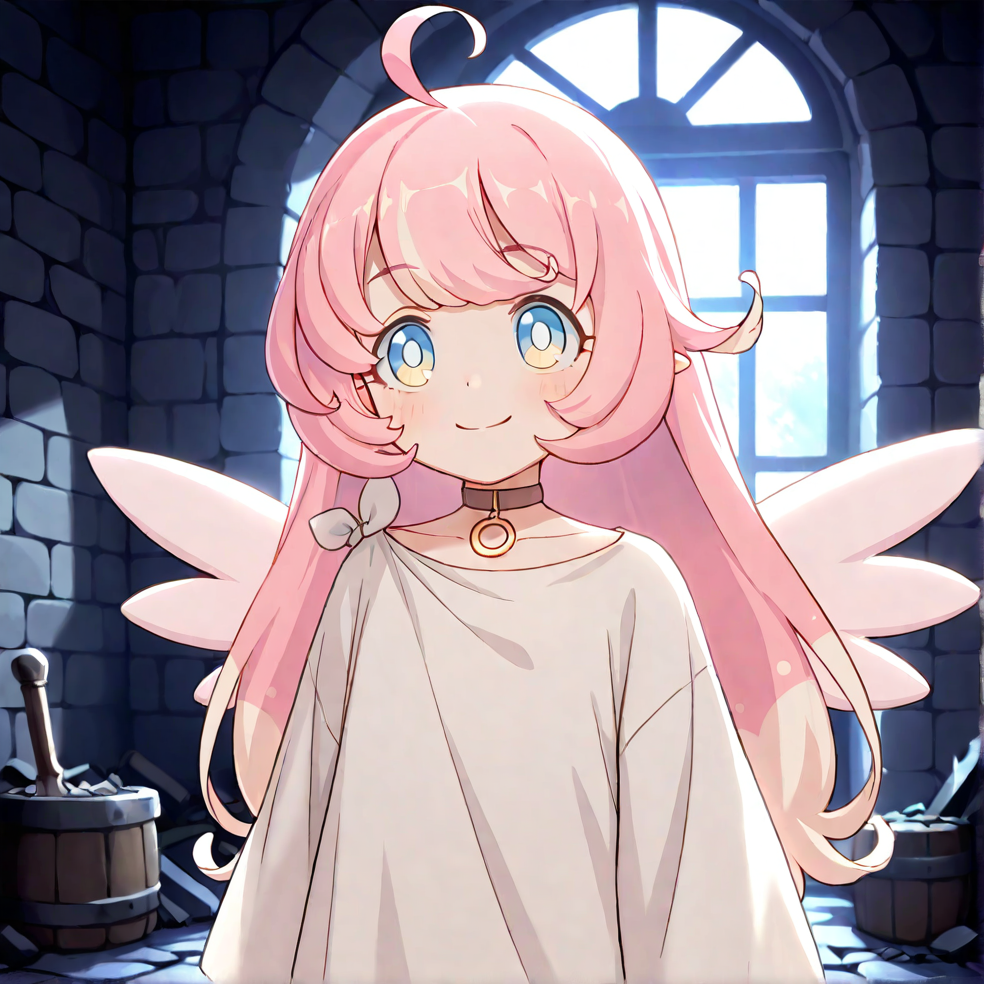 masterpiece, best quality, very aesthetic, absurdres, detailed, dungeon, ruins, break, raphy_(princess_connect), 1girl,long hair,pink hair,ahoge,multicolored hair,bangs,blue eyes,wings,white dress,choker