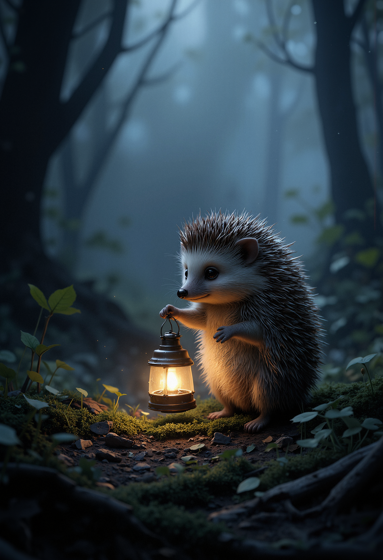 A small hedgehog standing alone in a dark, misty forest. The hedgehog is covered in spiky needles and holds a small glowing lantern in its right paw, which illuminates its surroundings. The hedgehog has wide, round black eyes with a gentle, innocent expression. Its tiny legs and arms are barely visible under the thick coat of needles. The overall atmosphere is mysterious and melancholic, with soft, diffused lighting. The foggy background creates a sense of depth and isolation, with dark, indistinct trees barely visible in the distance.   <lora:FluxMythP0rtr4itStyle:0.8> MythP0rt, <lora:aidmaMJ6.1-FLUX-V0.2:0.6> aidmaMJ6.1, <lora:sxz-Dark-Fantasy-v2-Flux:0.66> drkfnts style,