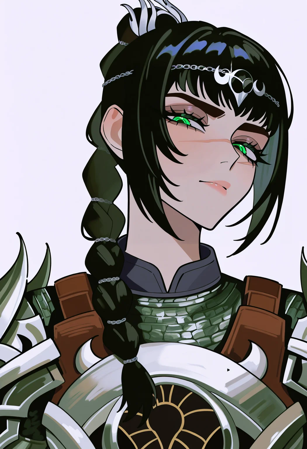 best quality, amazing quality, very aesthetic, absurdres, zeon,
1girl, solo, shadowheart, black hair, braided ponytail, green eyes, scar on face, circlet, armor,
looking at viewer, upper body, simple background, white background <lora:ShadowHeartIllustrious_byKonan:0.8> <lora:ZeonIllustriousXL_byKonan:1>