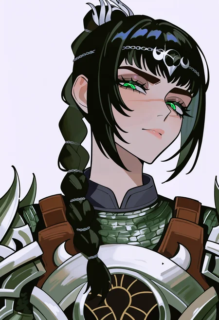 best quality, amazing quality, very aesthetic, absurdres, zeon,
1girl, solo, shadowheart, black hair, braided ponytail, green eyes, scar on face, circlet, armor,
looking at viewer, upper body, simple background, white background <lora:ShadowHeartIllustrious_byKonan:0.8> <lora:ZeonIllustriousXL_byKonan:1>