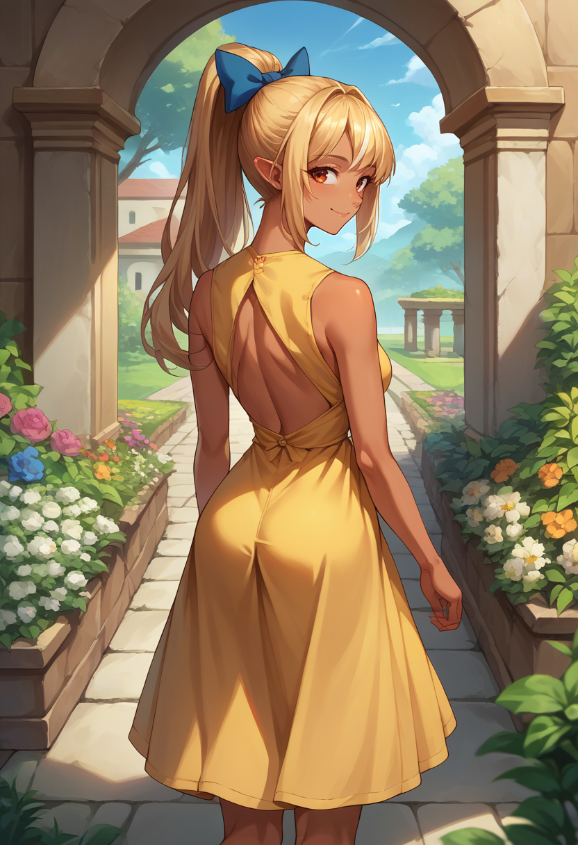score_9, score_8_up, score_7_up, source_anime, 1girl, solo, ShiranuiFlare, dark skin, long hair, high ponytail, hair bow, from behind, yellow sundress, garden, day, sunshine, smile, looking back, <lora:ChjamShiranuiFlarePonyXL:1>