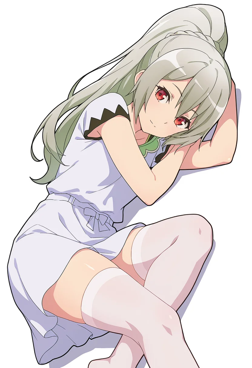 Smooth Quality,masterpiece,very intricate, high quality details, ultra realistic, high detailed skin,detailed enviorement,absurdres,
head rest,
<lora:Ange_Maidena_CNR:0.8> ange_cnr, 1girl, grey hair, red eyes, long hair,
ange_cnr, white_cnr, ponytail, white dress, white shirt, white skirt, white thighhighs,, simple background, white background, sideways,
lying on side, one arm supporting head, relaxed legs, soft smile, casual vibe, ,, :c,