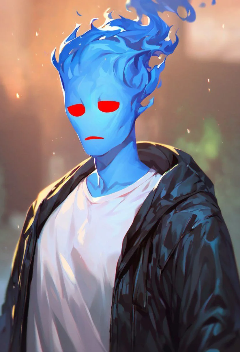 (((beautiful, high quality))), upper Body, score_9, score_8_up, score_7_up,
FireHuman, blue fire, empty eyes, 1male, blue skin, red eyes, black jacket, grey T-shirt,
looking at the viewer, posing, blurred background,
