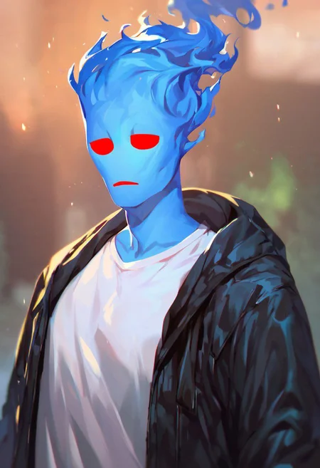 (((beautiful, high quality))), upper Body, score_9, score_8_up, score_7_up,
FireHuman, blue fire, empty eyes, 1male, blue skin, red eyes, black jacket, grey T-shirt,
looking at the viewer, posing, blurred background,