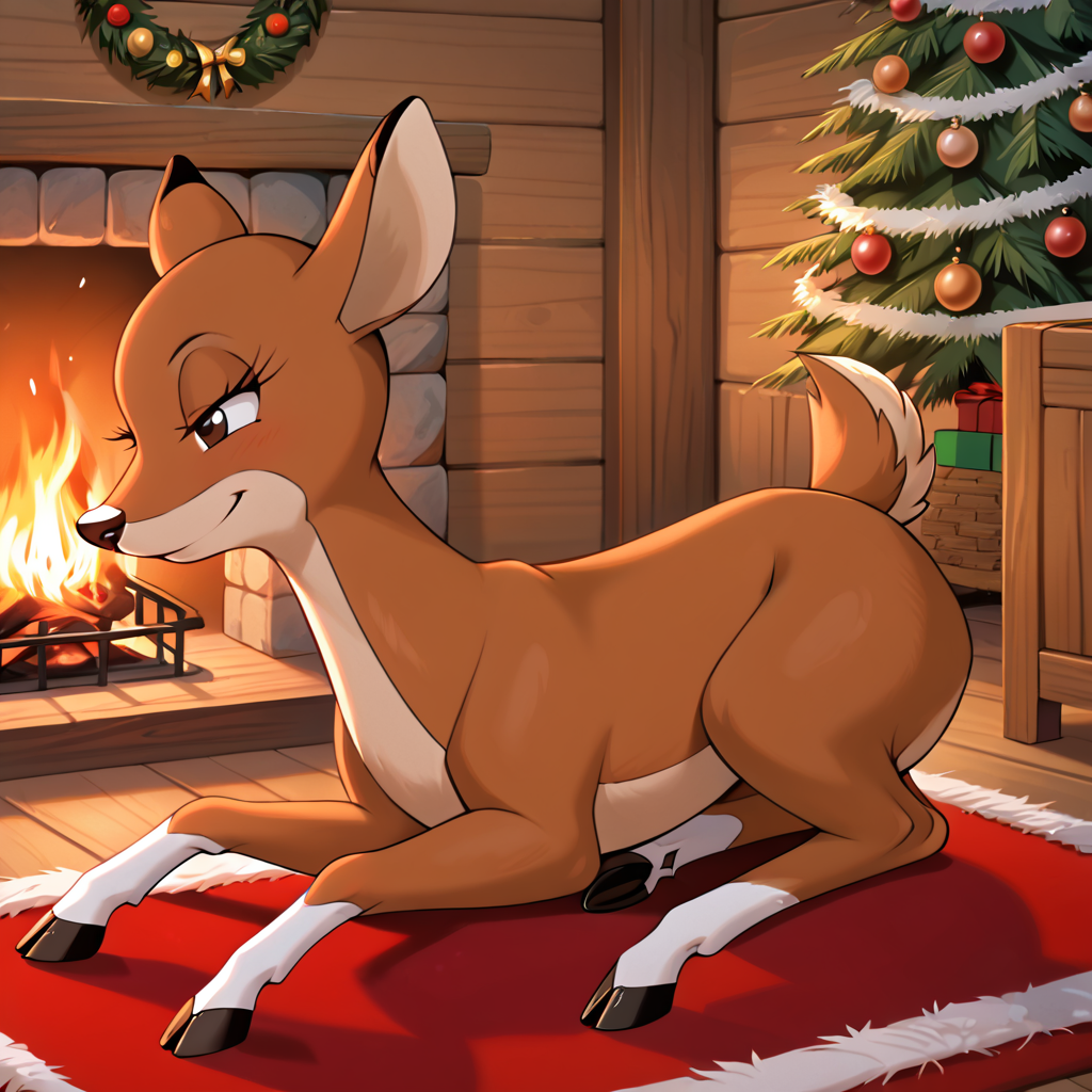 <lora:ZoeyRud98:1> <lora:StS_PonyXL_Detail_Slider_v1.4_iteration_3:3>,  ((feral, all fours)), zoey, reindeer, brown eyes, brown iris, black pupils, female, eyelashes, black nose, solo, animal focus, inside cabin, near fireplace, Christmas tree in background, ((festive wreath on wall)), wood cabin, laying down, (((laying down on red rug))),  side view, body facing right, closed mouth, bedroom eyes,  (8k, sharp details, ultra quality, best quality, score_9, score_8, score_7,) shaded,