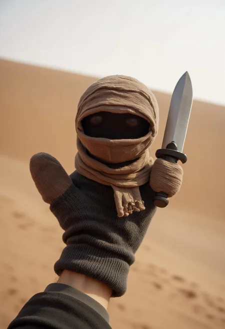 The image is a photograph capturing a close-up view of a plush Fremen puppet, wearing a stillsuit, held by an individual. The puppet has a plush sword. In the background you can see sand dunes. There is no one in the background. The picture gives a feeling of complete loneliness.