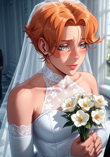5YPH4B3LN4D3S, 1girl, short hair, orange hair, blue eyes, white wedding dress, ((blush)), holding flowers