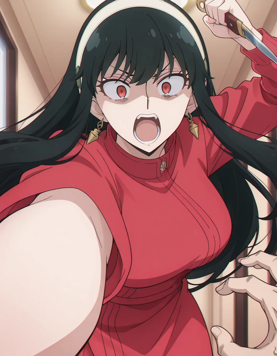 masterpiece, best quality, amazing quality,, <lora:yor-briar-s1-illustriousxl-lora-nochekaiser:1>, yor briar, black hair, red eyes, earrings, white hairband, hairband, long hair, sidelocks, mature female, breasts, anime screencap, <lora:pov-stabbing-illustriousxl-lora-nochekaiser:1>, pov stabbing, open mouth, holding, looking at viewer, pov, teeth, holding knife, knife, pov hand, hands up, constricted pupils, sanpaku eyes, shouting, outstretched arm, reaching towards viewer, cowboy shot, , ,