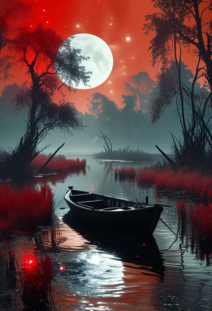 linquivera, Ink illustration, (anime:0.5), brown tones, aged black red paper, inkpunk, moonlight, surreal, a ghostly boat in swampy wetlands, (at a distance), Will-o'-the-wisp, moonlit, lonely, solitude, windy, tall trees, willows, willowy, OverallDetail, extremely detailed, UHD,(long exposure , bright red object on boat emanating light, dystopian but extremely beautiful:1.4),<lora:- SDXL - letitflrsh_let_it_flourish_V1.0:0.8> ,<lora:Cute_Collectible:1>, <lora:XL_boss_battle:0.6> <lora:add-detail-xl:1>, <lora:Concept Art Twilight Style SDXL_LoRA_Pony Diffusion V6 XL:1>, <lora:MJ52:1>