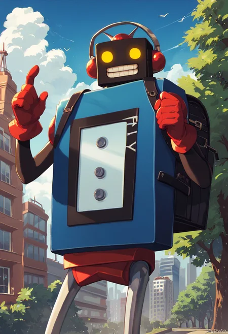 score_9, score_8_up, score_7_up, best quality, 5_fingers
city, radio tower, trees, blue sky
1boy, solo, no humans, mecha, robot, red gloves, backpack, yellow eyes, glowing eyes, teeth, smile, headphones, robot ears, cowboy shot