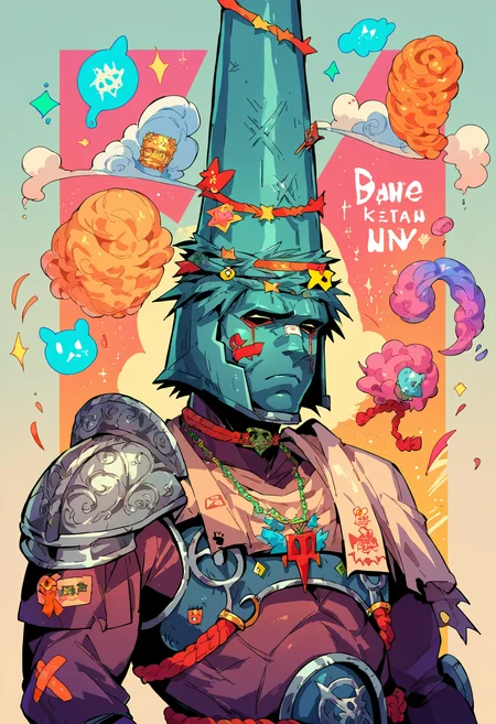 score_9, score_8_up, score_7_up, uncensored, source_anime, solo, <lora:sppenitentOneXLPony-000003:1> penitent one, helmet, armor, shoulder armor, <lora:ArtstyleStickerV2_XLPD:1> colorful, jewelry, sticker, hair ornament, bandaid on face, ring, choker, necklace, bandaid on hand, tattoo