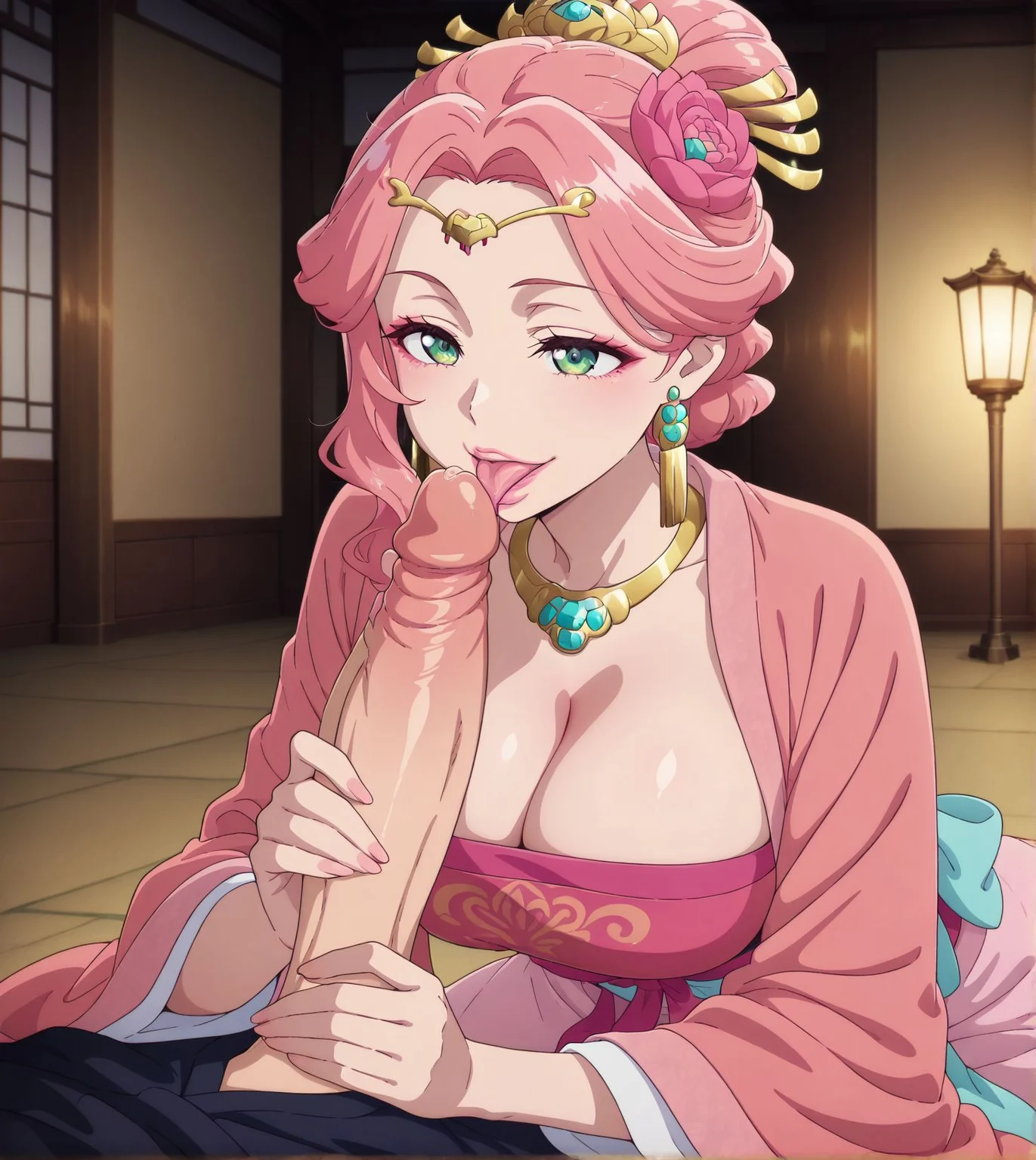masterpiece, best quality, newest, absurdres, highres, detailed eyes, beautiful, detailed background, perfect eyes, anime coloring, anime screencap,
<lora:two-handed_handjob:1> two-handed_handjobV1, 
1girl,penis,
hetero,1boy,
breasts,tongue,
tongue out,erection,
two-handed_handjob,
licking penis,
 1girl, <lora:Gyokuyou_The_Apothecary_Diaries_IL_V1:1>, KJOgyokuyou, pink hair, green eyes, half updo, hair flower, hair ornament, single sidelock, pink lips, hair bun, earrings, necklace, pink hanfu, light blue sash, cleavage, large breasts,