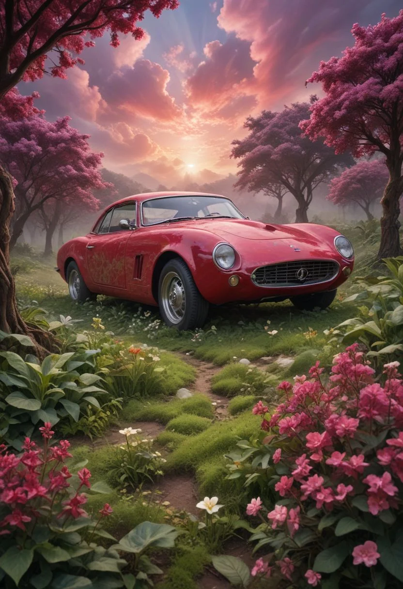 masterpiece, best_quality, in ultra-high resolution, 4K, 8K, HDR for vividness. It uses a Kodak Portra 400 lens for timeless, professional quality. detailed background)) with a touch of bokeh and lens flare, artistic effect, vibrant colors, vivid look. extremely detailed, absurd details, visually stunning and technically excellent
BREAK
A vibrant and color-popping scene, reminiscent of an Absurd reality, where the laws of nature are warped and twisted to create a magical ecosystem. 
BREAK
In the foreground, a red car, its body painted with intricate patterns and designs, appears to be growing out of the ground like a blooming flower. The car's wheels sprout leaves and vines, and its headlights glow with an otherworldly light.
BREAK
The sky above is a deep shade of crimson, with swirling patterns of pink and purple clouds, as if the heavens themselves are part of this surreal landscape. 
BREAK
The ground is covered in lush green vegetation, with trees and plants of all shapes and sizes reaching for the sky. The air is filled with a sense of wonder and whimsy, as if anything is possible in this magical ecosystem where the impossible becomes possible.
