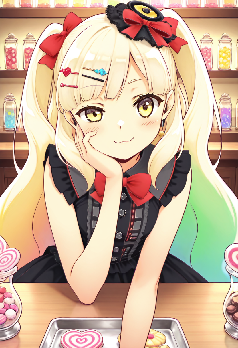 masterpiece, best quality, 1girl, solo,   zzMayu, blonde hair, pink and green hair tips, curly twintails, candy hairpins, striped dress, oversized bow, candy store, lollipop, heart-shaped sweets, glass jars, colorful candy shelves, leaning on counter, playful smirk, one hand on cheek, wink, close up, cute clutter, pastel lighting, rainbow sparkle bokeh    narrow waist,  , <lora:MAYULoveLogic_IXL:1.0>,