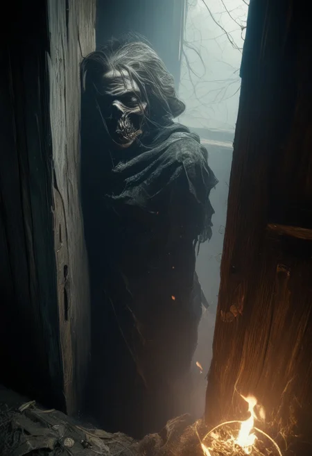 score_9, score_up_8, masterpiece, best quality, explicit, high detail,newest, safe, rating_explicit, fantasy, scary, horror, grotesque, nighttime, noticeable noise in dark areas, dynamic angle, full body shot, focus on face BREAK A very thin woman looks through the window at the viewer, her light hair is tangled, her lips are whispering a spell, green sparkles are burning in her eyes, the expression on her face does not bode well. She is dressed in black clothes with lace covering her body to the throat, her skin is the color of alabaster, the window through which she is looking is covered with cracks, the glass is cloudy. The atmosphere of the frame resembles the film "Sleepy Hollow", a very creepy and grotesque atmosphere. BREAK indoors, window, candles, dark theme, fog, dim white light from behind, dramatic light.
