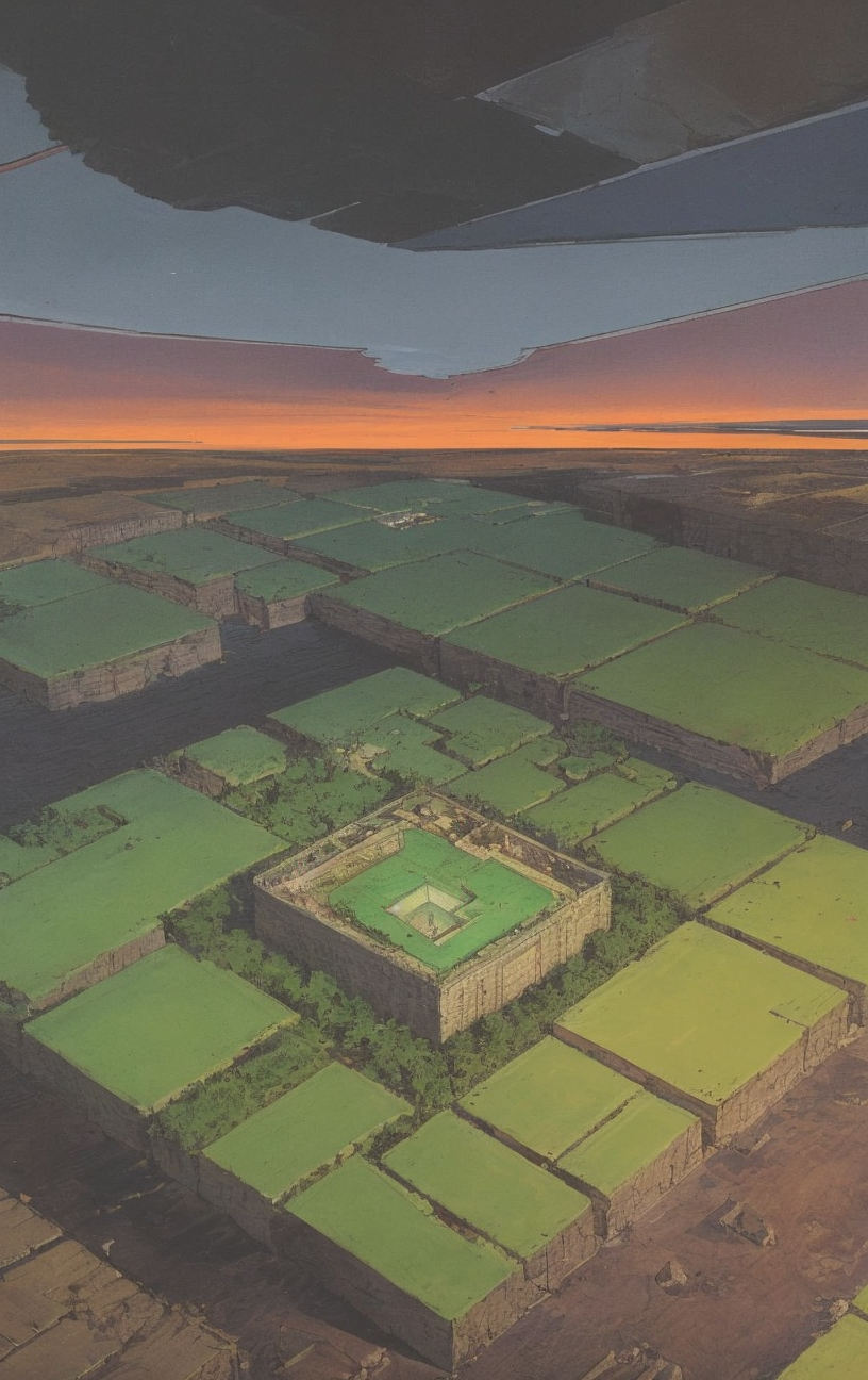 artwork <lora:Moebius:1>, Wide Shot of landscape with Isometric Perspective at evening