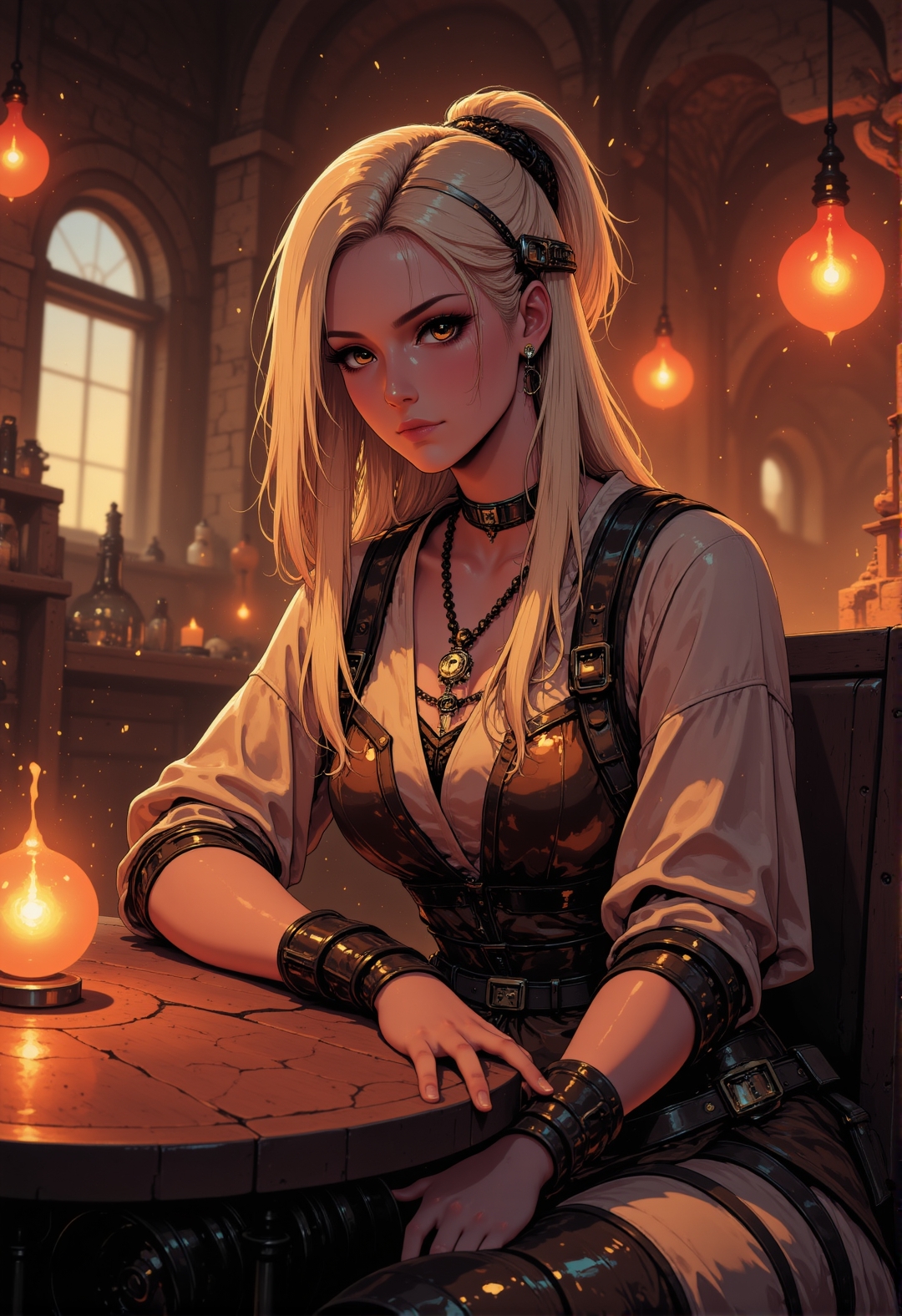 <lora:ck-chromatic-crusade_r1-000011:0.8>, in the style of ckcc, woman templar on a crusade, neon pale hair, dynamic angle, upper body portrait,
she is sitting in a tavern