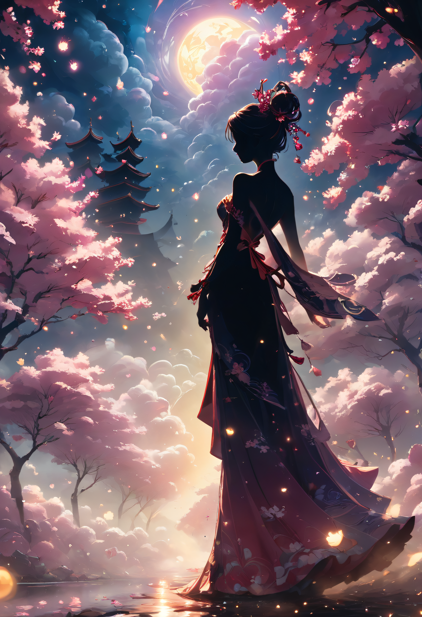 score_9, score_8_up, score_7_up, score_6_up, score_5_up, score_4_up, extremely detailed, ((beautiful silhouette of a female in a dress)), (epic oak tree, heavy backdrop lights), (whimsical colorful dustclouds background, dust particles, lots of detail), sharp focus,