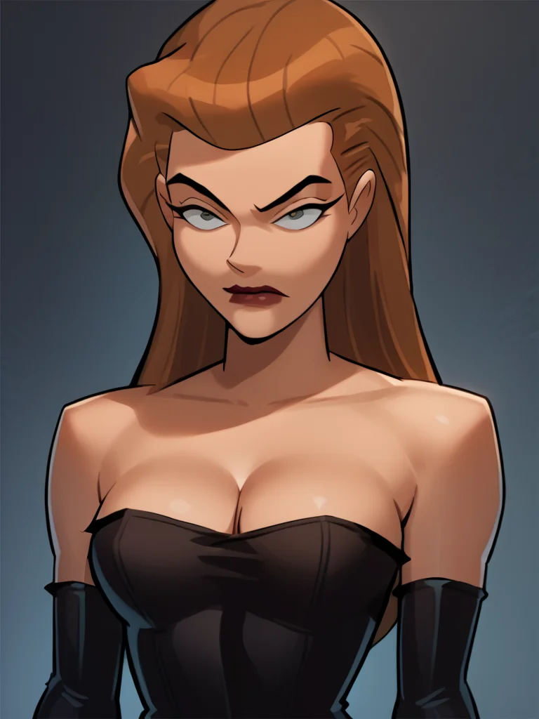 score_7_up, score_8_up, score_9, masterpiece, perfect face, perfect hands, high quality, source_anime, (1girl, solo,) <lora:Mercy_Graves_-_Justice_League_DC:1> mercygraves, brown hair, long hair, black micro dress, strapless, bare shoulders, cleavage, black elbow gloves,