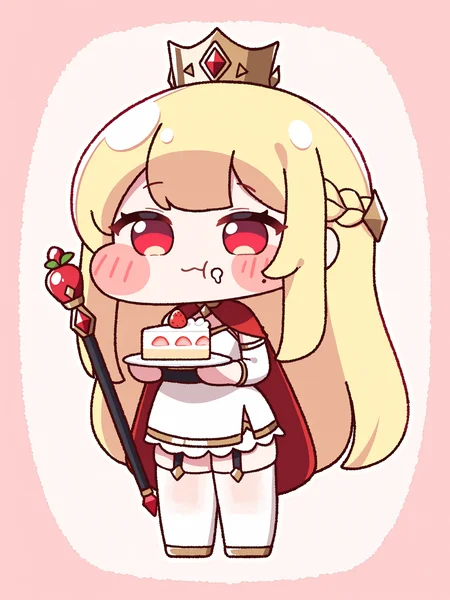 trickcalcg, ((chibi, blush stickers, blush)), 1girl, solo, long hair, blush, blonde hair, hair ornament, red eyes, dress, thighhighs, holding, closed mouth, very long hair, braid, food, detached sleeves, white dress, chibi, cape, :3, fruit, border, blush stickers, garter straps, eating, crown, staff, plate, cake, holding staff, :t, strawberry, red cape, cake slice, strawberry shortcake, pink border, 
(masterpiece, best quality, absurdres, highres, newest:1.2), very awa, 
