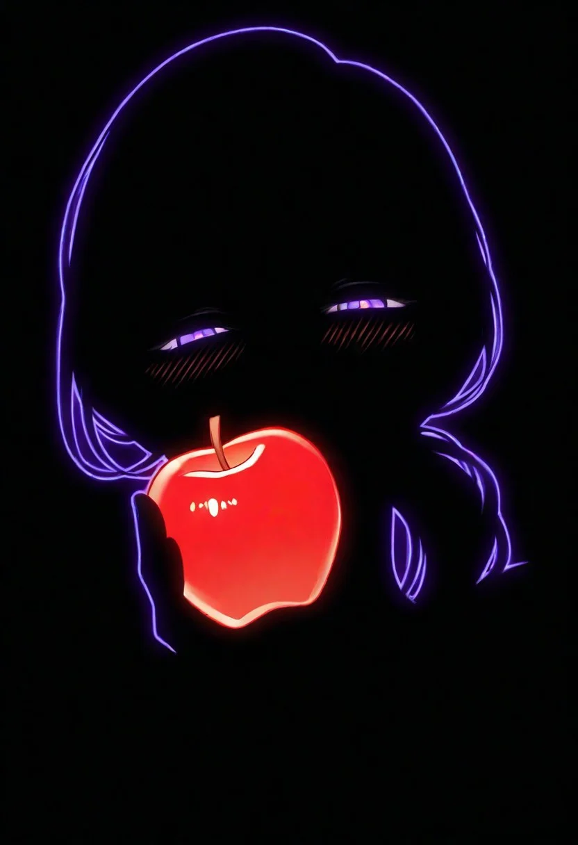 1girl, solo, mature female, looking at viewer, half-closed eyes, purple eyes, blush, monochrome, silhouette, glowing outline, blending, portrait, three-quarter view, holding, red apple, kissing apple, low side ponytail, hair over shoulder, purple outline, black background, upper body, masterpiece, best quality, very aesthetic