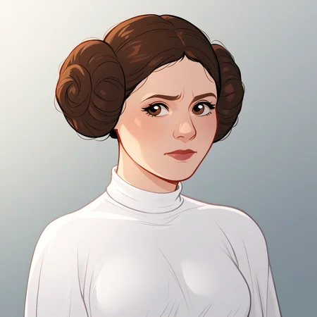 score_8_up, BREAK, princessleia, 1girl, solo, brown hair, hair buns, brown eyes, white dress, upper body, gradient background, <lora:PrincessLeia_PXL_Leaf1:1>