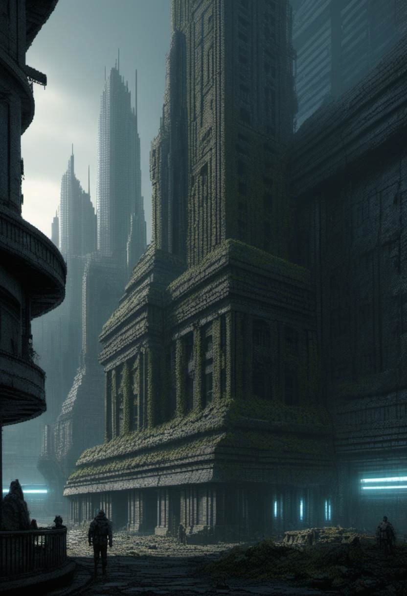 Futuristic cyberpunk ancient royal City, giant buildings, postapocalyptic, very detailed, hd
