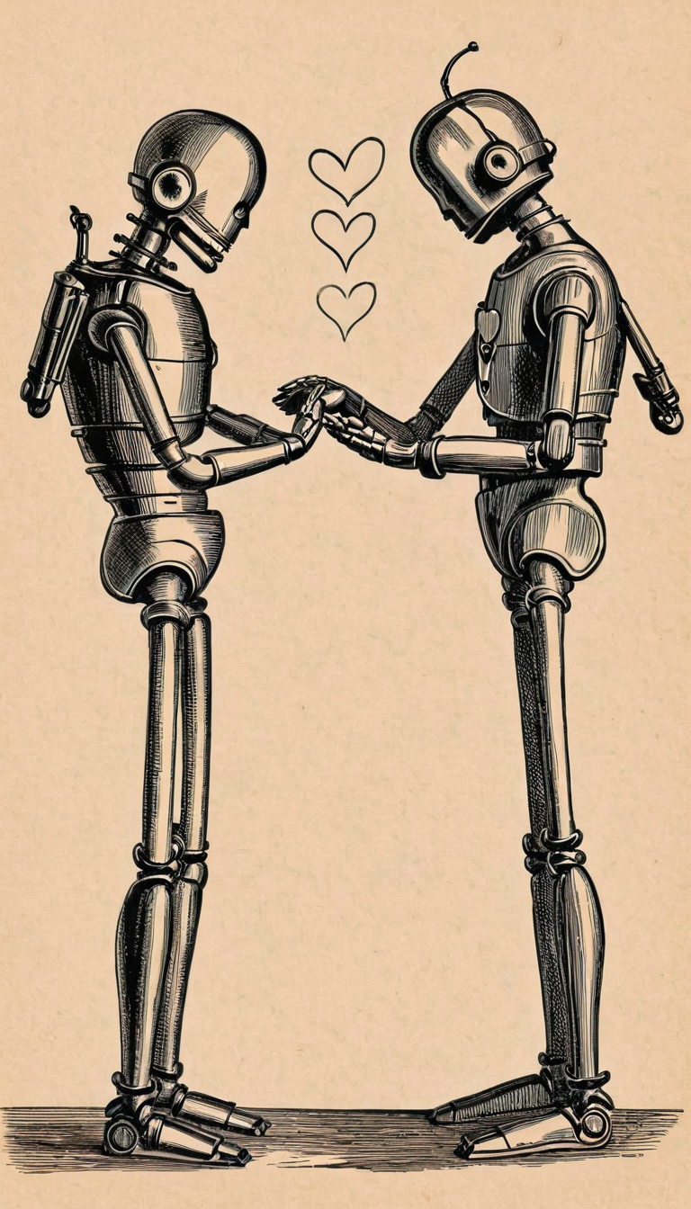 robot in love <lora:vntg-line-art-v2:1> vntg, line-art