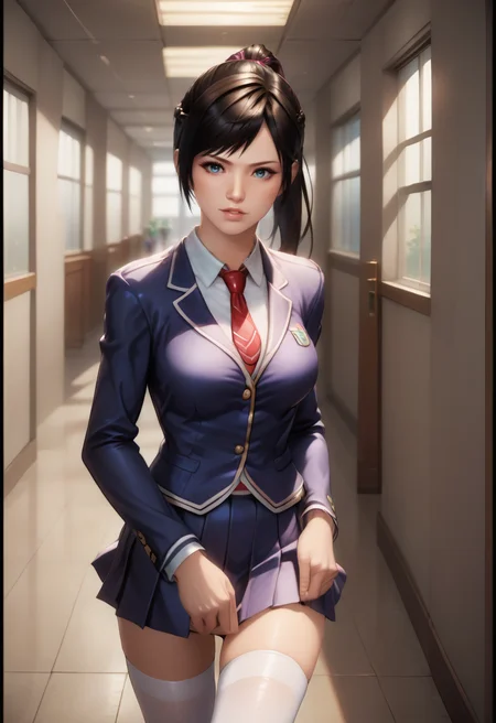 score_9, score_8_up, score_7_up, best quality, intricate details, source anime, rating explicit BREAK 1girl,
<lora:Kokoro_doa_v04-12:1.0> kokoro_doa, brown hair, long hair, black hair, blue eyes, ponytail,
school uniform, pleated skirt, necktie, white thighhighs, confident, parted lips, beautiful, detailed eyes, school hallway,