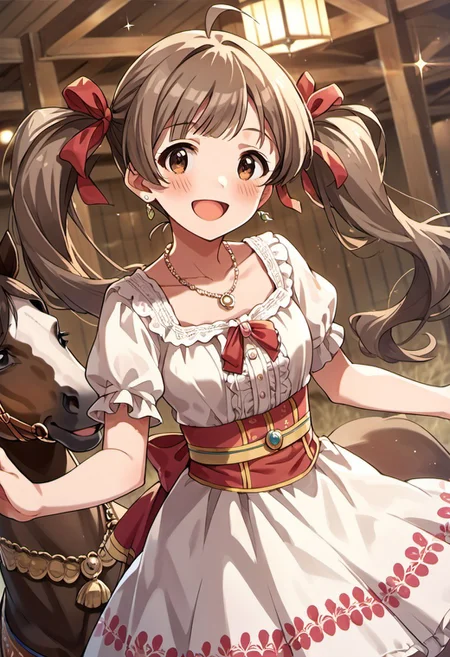 score_9, score_8_up, score_7_up, source_anime, hakozaki serika, brown hair, twintails, brown eyes, long hair, ahoge, 1girl, jewelry, necklace, smile, open mouth, dress, horse, :d, looking at viewer, hair ribbon, blush, ribbon