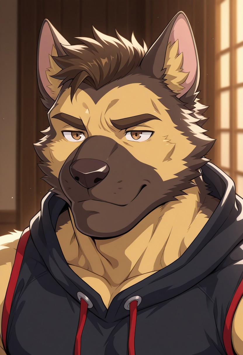 <lora:GilAFCL:0.8>, solo, gil_learnard, german shepherd, male, manly, masculine, brown eyes, black sleeveless hoodie, face focus, portrait, upper body, BREAK unparalleled masterpiece, best quality, amazing quality, very aesthetic, high resolution, semi-realistic lighting, extremely-detailed, depth of field, newest, scenery, detailed fur, detailed muscles