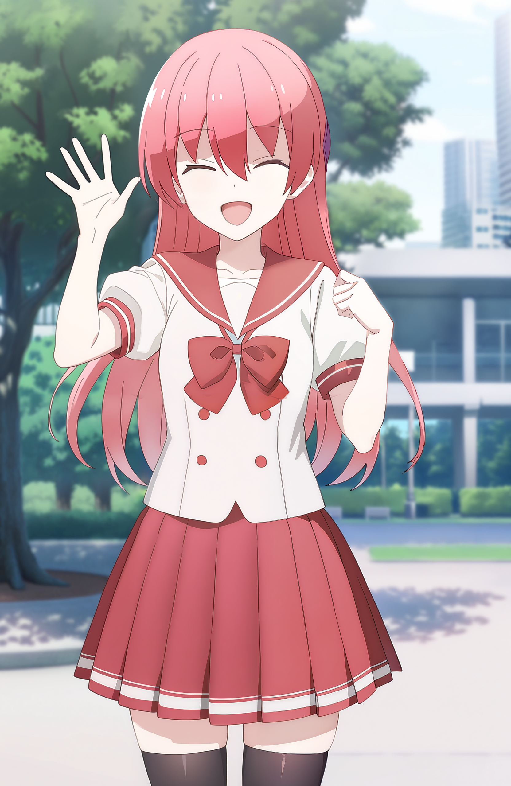 masterpiece,best quality,very aesthetic,absurdres,
1girl,tsukasa_yuzaki,long hair,pink hair,[red hair],closed eyes,bangs,hair between eyes,open mouth,kind_smile,standing,happy,hand up,waving,salute,serafuku2,school uniform,sailor collar,red sailor collar,bowtie,red bowtie,red bow,short sleeves,puffy short sleeves,skirt,red skirt,medium length skirt,
outdoors,park,building,tree,blurry background,looking at viewer,front view,<lora:TsukasaYuzaki_illu:1>,thighhighs,
