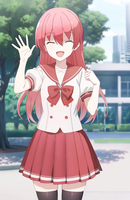 masterpiece,best quality,very aesthetic,absurdres,
1girl,tsukasa_yuzaki,long hair,pink hair,[red hair],closed eyes,bangs,hair between eyes,open mouth,kind_smile,standing,happy,hand up,waving,salute,serafuku2,school uniform,sailor collar,red sailor collar,bowtie,red bowtie,red bow,short sleeves,puffy short sleeves,skirt,red skirt,medium length skirt,
outdoors,park,building,tree,blurry background,looking at viewer,front view,<lora:TsukasaYuzaki_illu:1>,thighhighs,