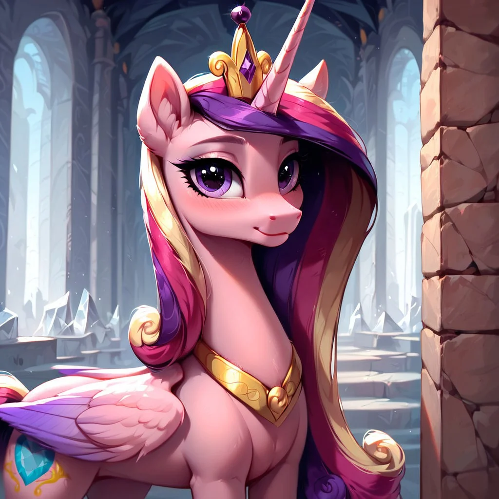 masterpiece, score_9, score_8_up, score_7_up, (best quality:1.1), ultra-detailed, high resolution, 1 girl, solo, pony, alicorn, highly detailed macro illustration, princess cadance smiling, blushing, princess cadance, feral, female, mare, cute, long eyelashes, (indoors), (((beautiful detailed eyes))), Long eyelashes, fluffy, ear fluff, long eyelashes, (cornering), taking cover, spying, crystal wall, Highly Visible, (((8k))), sharp focus, perfect lighting, anatomically correct, extremely detailed, shine on body, (crystal palace Interior), crystal empire, high detail, cute face, Expressiveh, detailed background, OverallDetail, zPDXL2, <lora:Corneringv1:0.8>