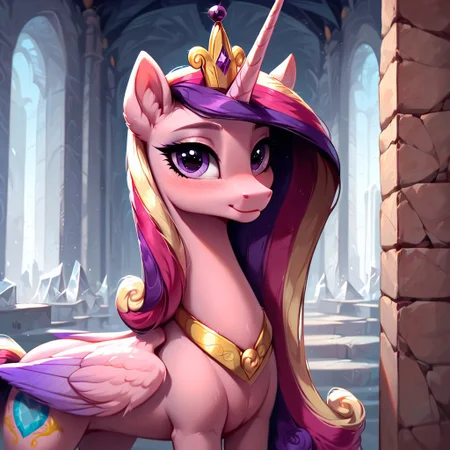 masterpiece, score_9, score_8_up, score_7_up, (best quality:1.1), ultra-detailed, high resolution, 1 girl, solo, pony, alicorn, highly detailed macro illustration, princess cadance smiling, blushing, princess cadance, feral, female, mare, cute, long eyelashes, (indoors), (((beautiful detailed eyes))), Long eyelashes, fluffy, ear fluff, long eyelashes, (cornering), taking cover, spying, crystal wall, Highly Visible, (((8k))), sharp focus, perfect lighting, anatomically correct, extremely detailed, shine on body, (crystal palace Interior), crystal empire, high detail, cute face, Expressiveh, detailed background, OverallDetail, zPDXL2, <lora:Corneringv1:0.8>
