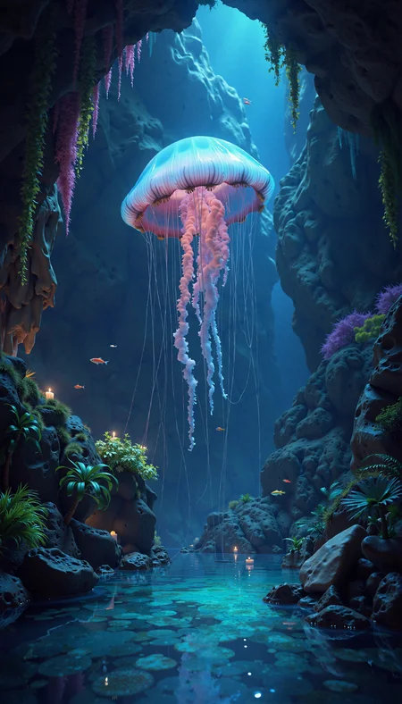 A mesmerizing, hyperrealistic photograph of a colossal, bioluminescent jellyfish floating serenely through a subterranean cave system. The jellyfish, with its intricate, pulsating tentacles, emits a soft, ethereal light, illuminating the surrounding stalactites and stalagmites. The cave walls are covered in vibrant, glowing moss, reflecting the jellyfish's light in an otherworldly dance of colors. Below, in a crystal-clear pool, small, bioluminescent fish dart among the rocks. The scene is a symphony of blues, greens, and purples, with the jellyfish acting as the central light source. The overall style is photorealistic, emphasizing the intricate details of the cave formations and the delicate textures of the jellyfish. High detail, 8k resolution, with a focus on realistic textures and the interplay of light and shadow.