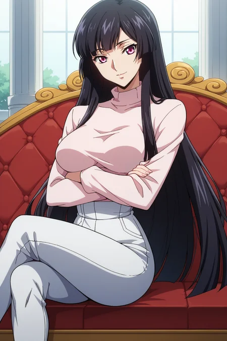 score_9, score_8_up, score_7_up, source_anime, 1girl, prefect lighting, very aesthetic, intricate details, highly detailed background, masterpiece, high quality, prefect hands, best quality, solo,
<lora:Sakuya_Sumeragi_Code_Geass_Rozé_of_the_Recapture_V2:.85>, KJOsakuya, black hair, pink eyes, hime cut, long hair,
high waist jeans, turtleneck sweater, long sleeves,
sitting on couch, crossed legs, crossed arms, head tilt, seductive smile,
mansion, pillars, tile floor, red couch,
(Beautiful, medium Breasts:1.2), natural breasts,