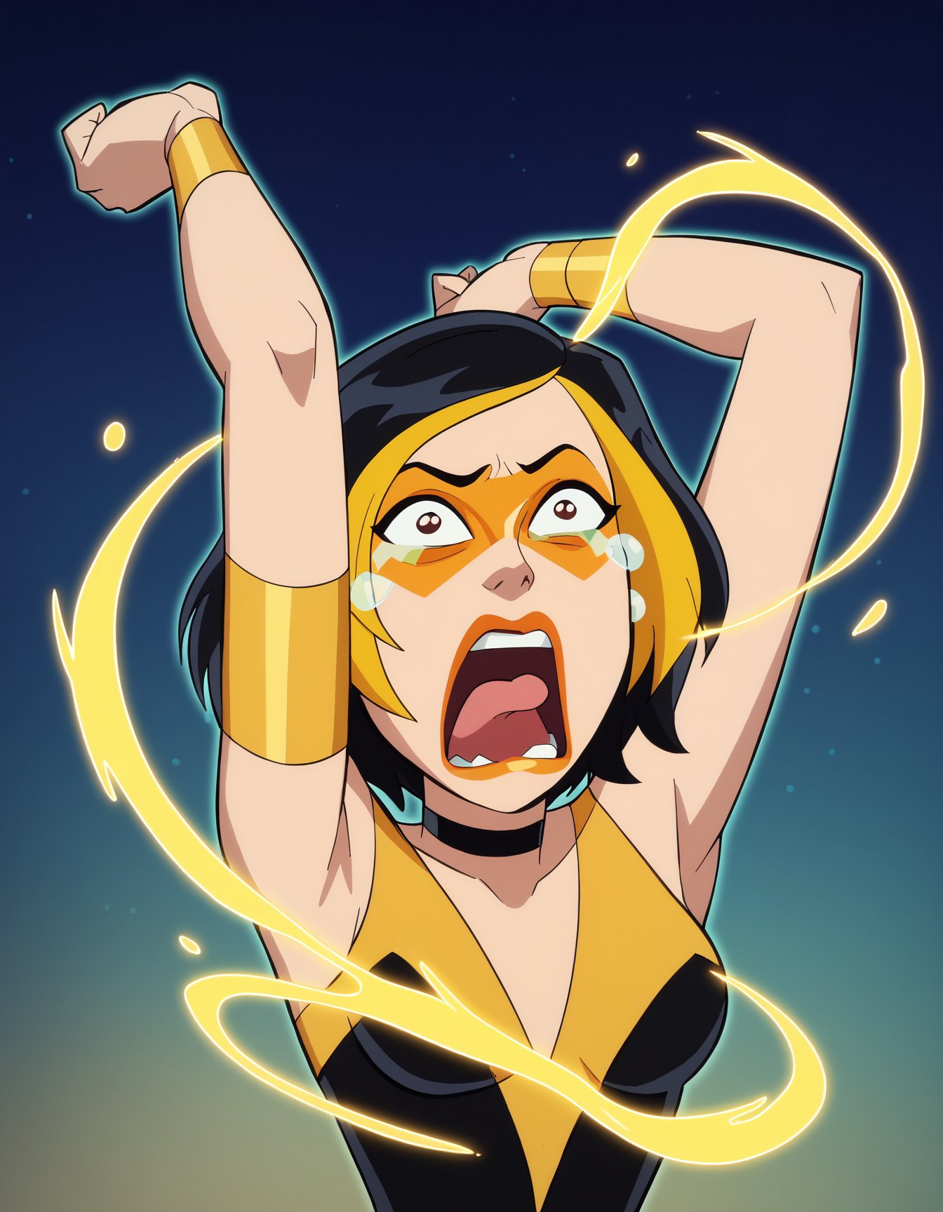 score_9, score_8_up, score_7_up, score_6_up BREAK, g0g1-dh, 1girl, solo, short hair, black hair, gold hair, multicolored hair, choker, domino mask, makeup, lipstick, gloves,black dress,human scabbard, holding, holding weapon, holding sword, glowing, aura  <lora:Golden_Glider_Kite_Man_r1:0.7> <lora:concept_aquascreaming_ponyXL:1>