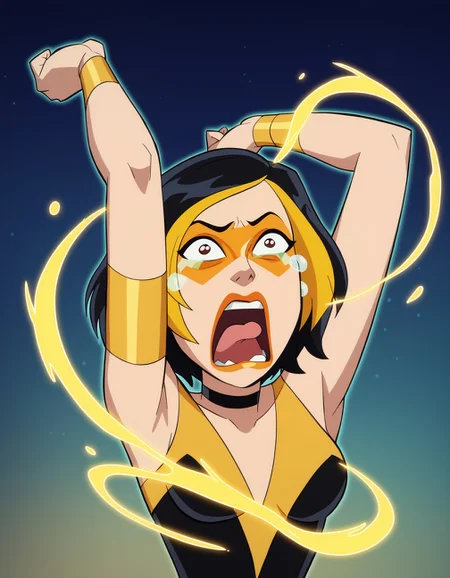 score_9, score_8_up, score_7_up, score_6_up BREAK, g0g1-dh, 1girl, solo, short hair, black hair, gold hair, multicolored hair, choker, domino mask, makeup, lipstick, gloves,black dress,human scabbard, holding, holding weapon, holding sword, glowing, aura <lora:Golden_Glider_Kite_Man_r1:0.7> <lora:concept_aquascreaming_ponyXL:1>