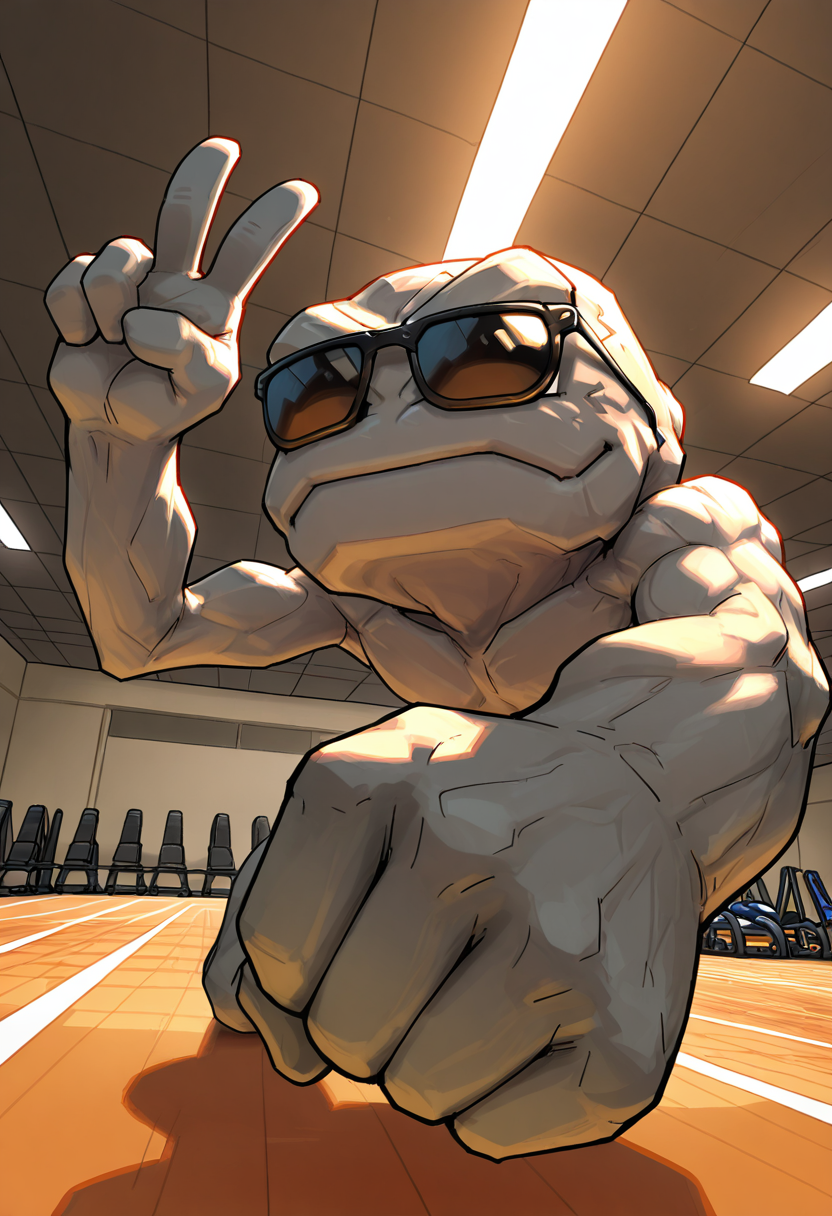 masterpiece, best quality, no humans,   ,<lora:GeodudePokedex_IXL:1.0>,  zzGeodude, looking at viewer, at gym, (v, sunglasses),