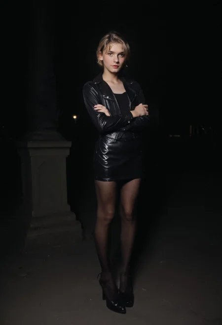 score_9, score_8_up, score_7_up, score_6_up, 30 yo sissy (man in woman clothes) at night in the park,  arms crossed, androgynous beauty, very sexy, short pixie haircut, blonde hair,  flat chest, male chest, black leather pencil mini skirt, ((short skirt)), ((tight skirt)), ((narrow hip)), black leather jacket, ((oily shine black silk pantyhose)), high heels, purse, small earrings, sexy smile,  ((looking at the viewer)), side view, full body shot, dynamic composition,  wide angle, good_hands, (ladybulge)